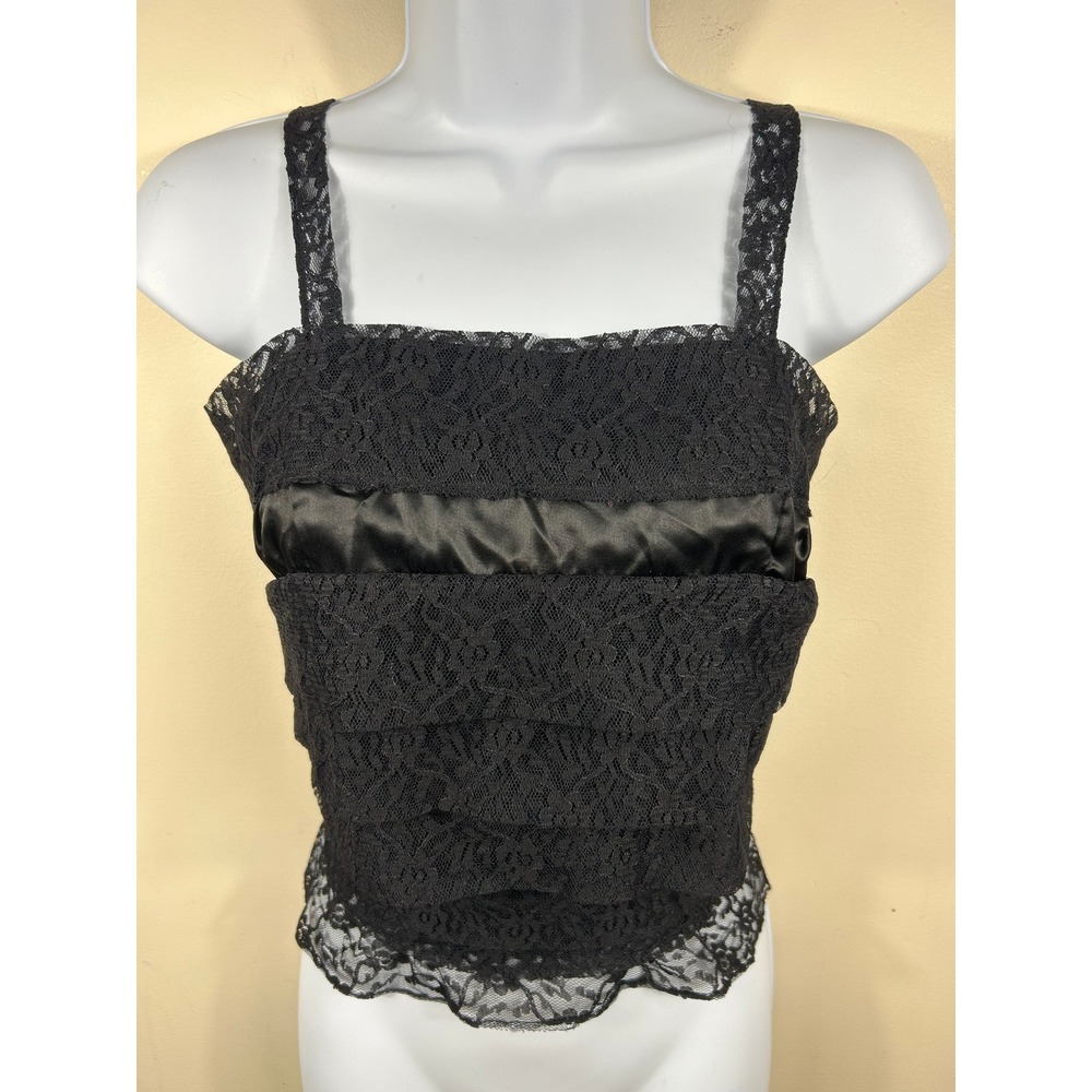 Jo-Lynn Lace Camisole Women 4 Black VTG 70s Satin Bow Romantic Top Fairy Grunge